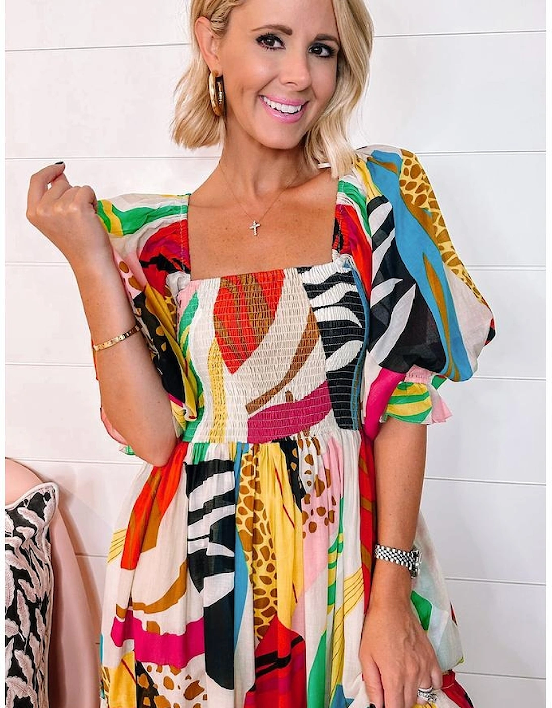 White Square Neck Smocked Abstract Print Boho Maxi Dress