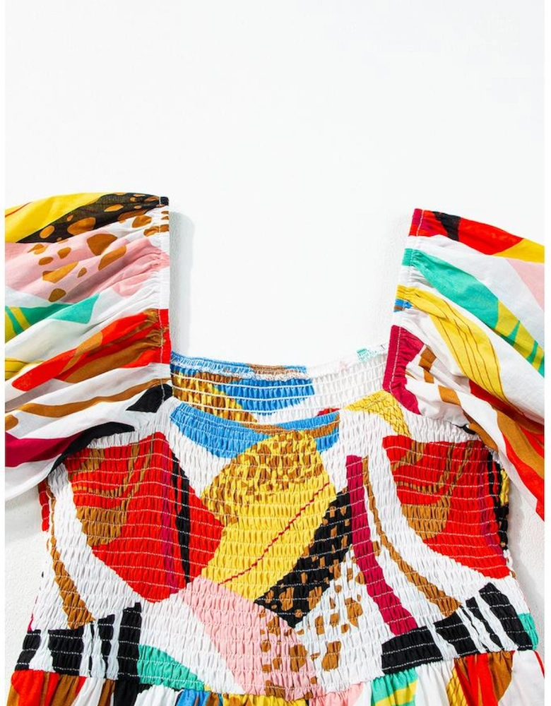 White Square Neck Smocked Abstract Print Boho Maxi Dress
