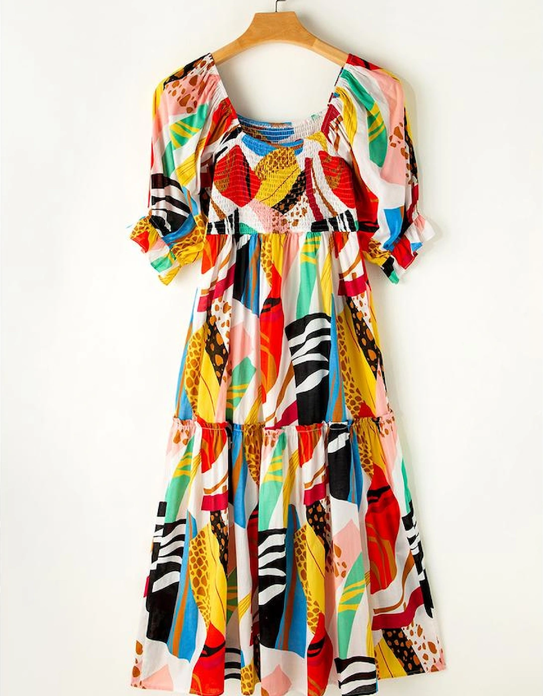 White Square Neck Smocked Abstract Print Boho Maxi Dress