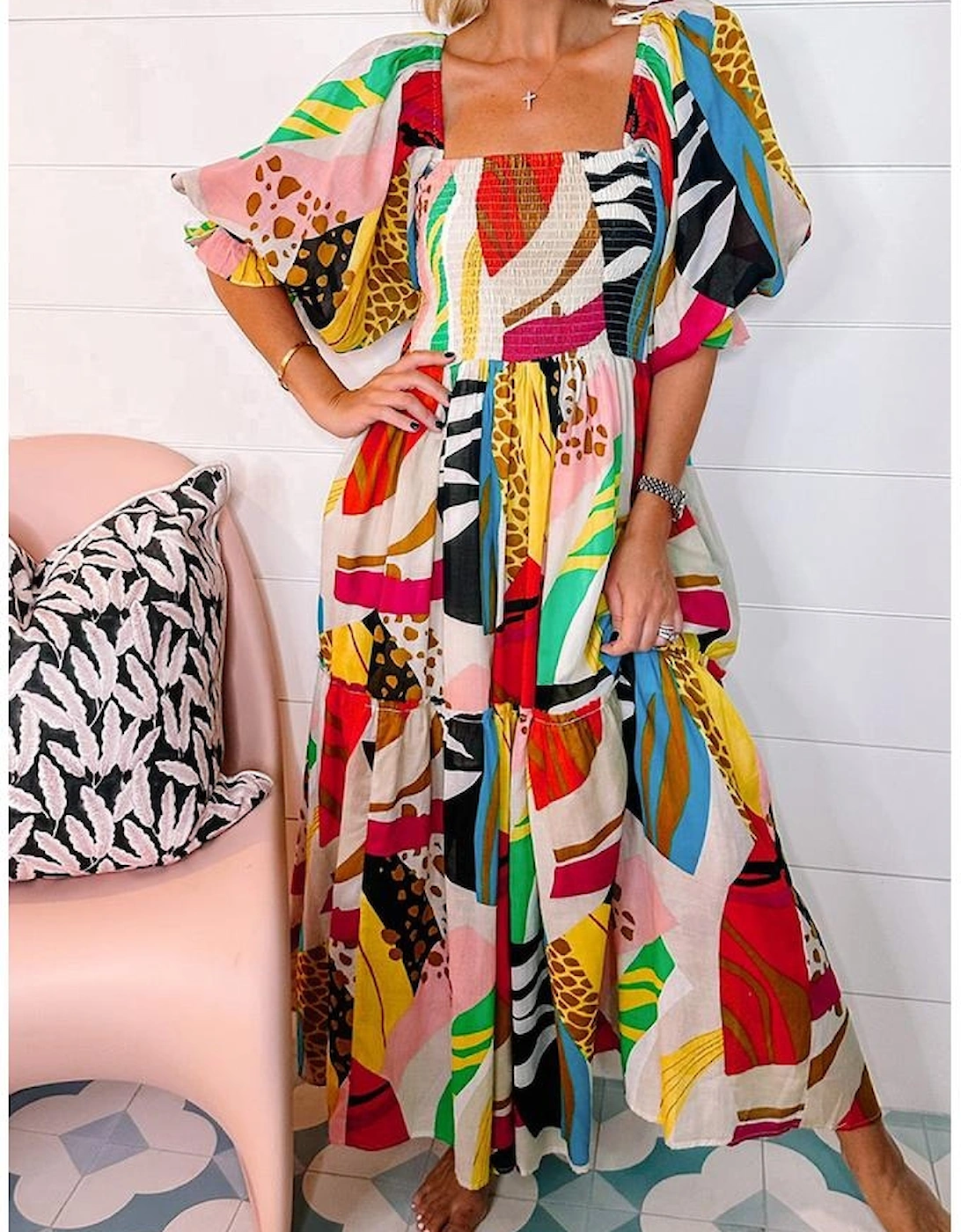 White Square Neck Smocked Abstract Print Boho Maxi Dress, 14 of 13