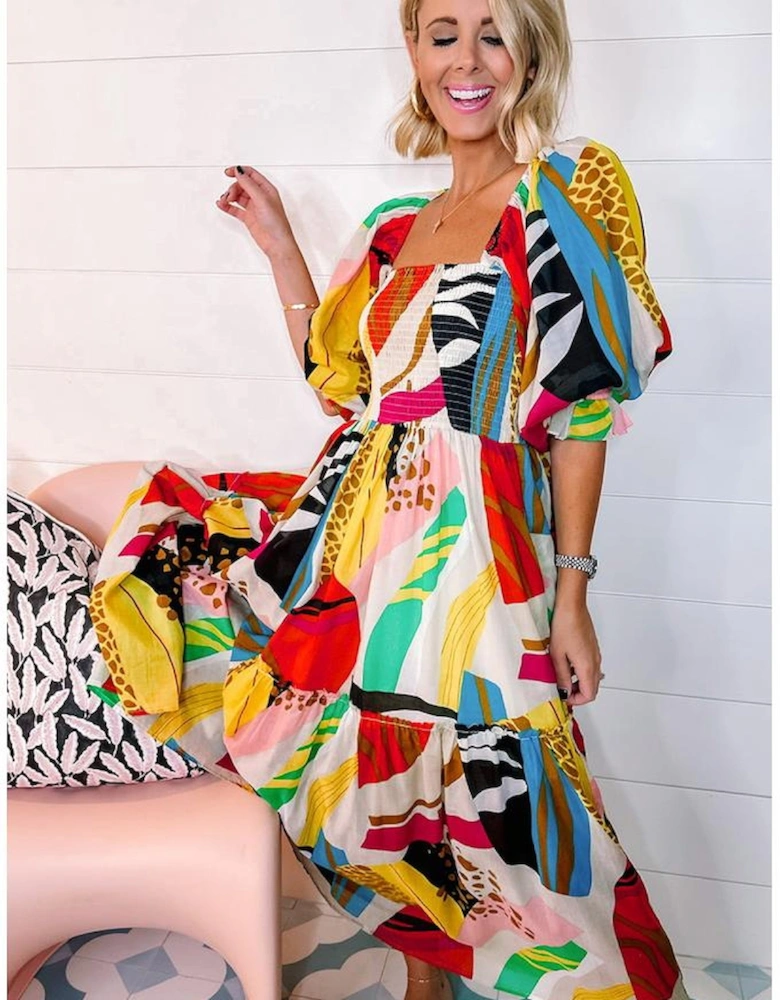 White Square Neck Smocked Abstract Print Boho Maxi Dress