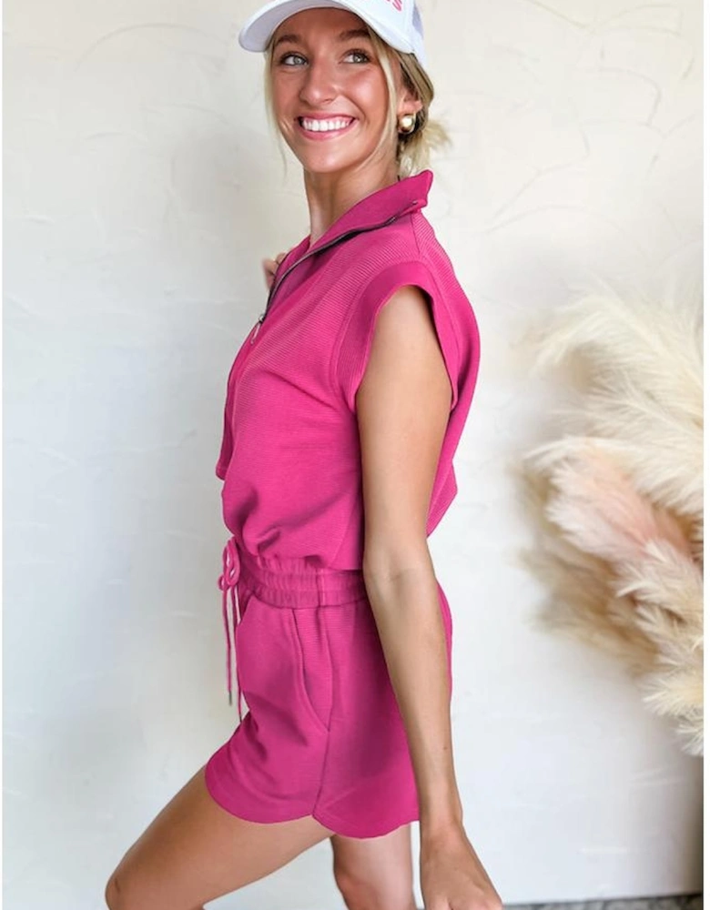 Rose Red Textured Short Sleeve Half Zip Drawstring Waist Romper
