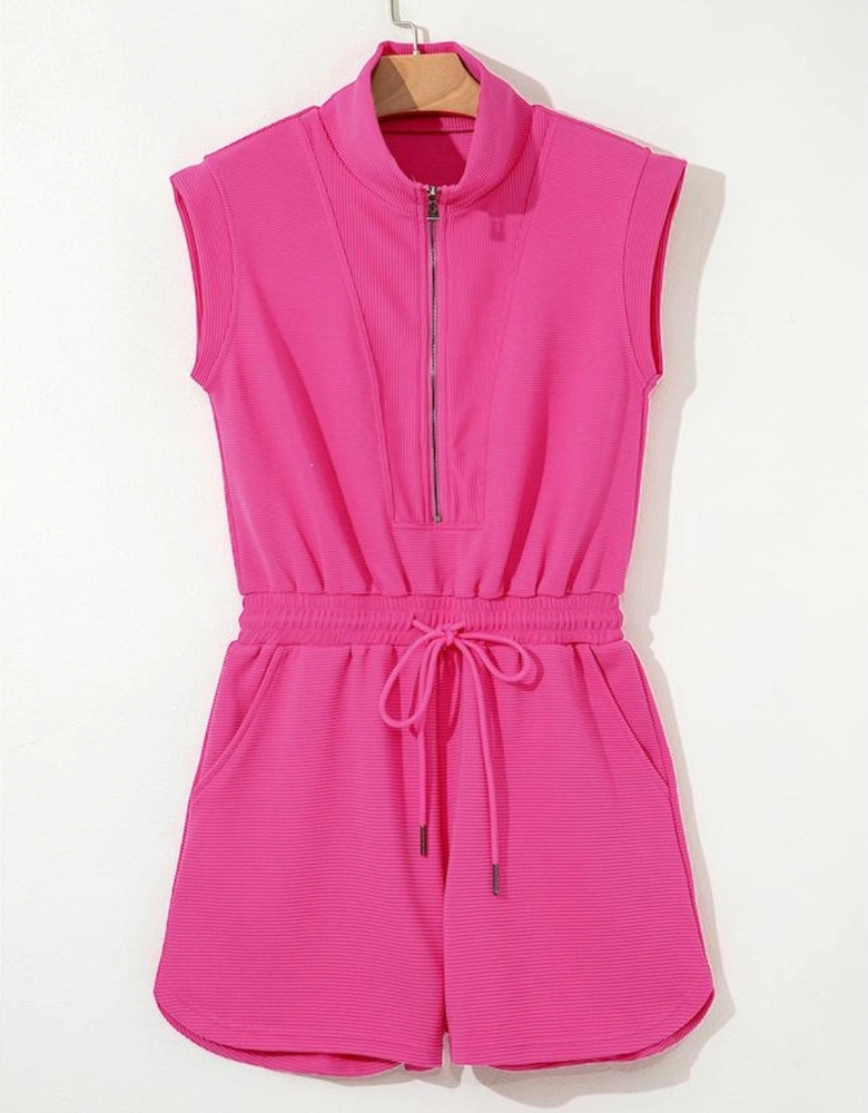 Rose Red Textured Short Sleeve Half Zip Drawstring Waist Romper