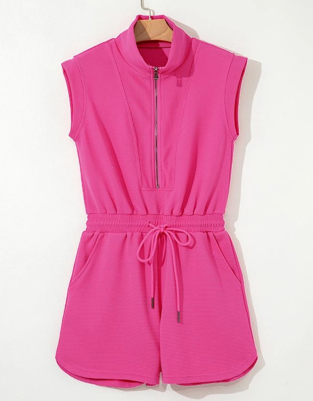 Rose Red Textured Short Sleeve Half Zip Drawstring Waist Romper