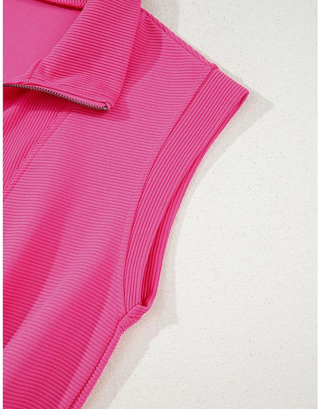 Rose Red Textured Short Sleeve Half Zip Drawstring Waist Romper