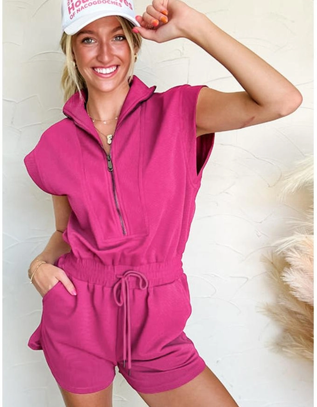 Rose Red Textured Short Sleeve Half Zip Drawstring Waist Romper