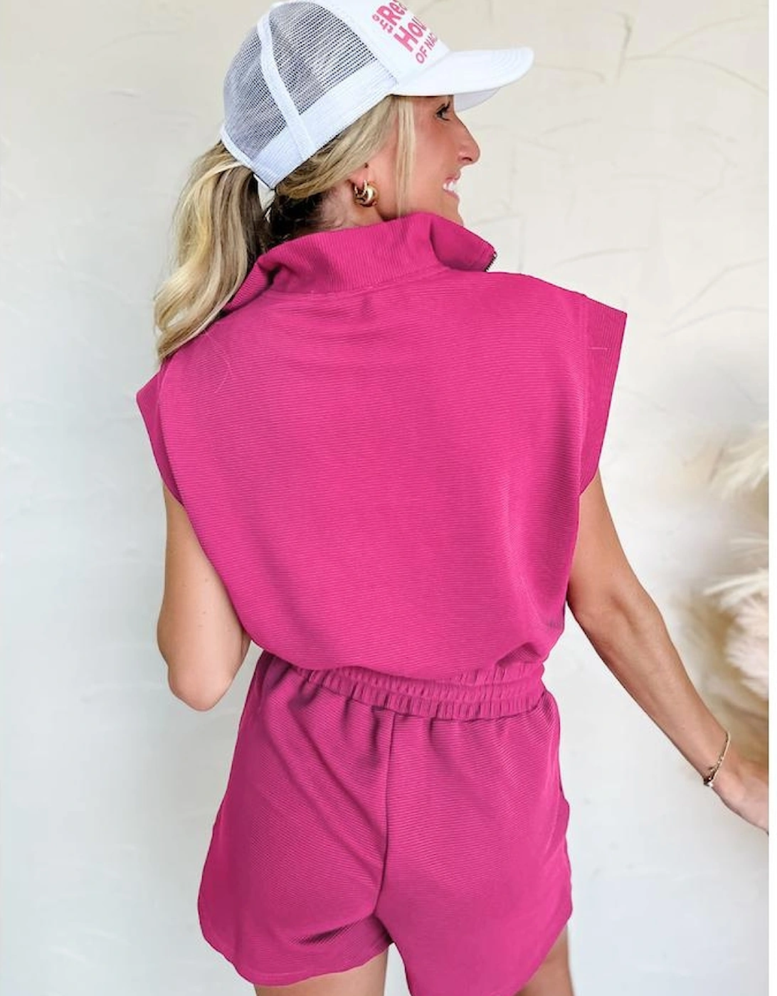 Rose Red Textured Short Sleeve Half Zip Drawstring Waist Romper, 16 of 15