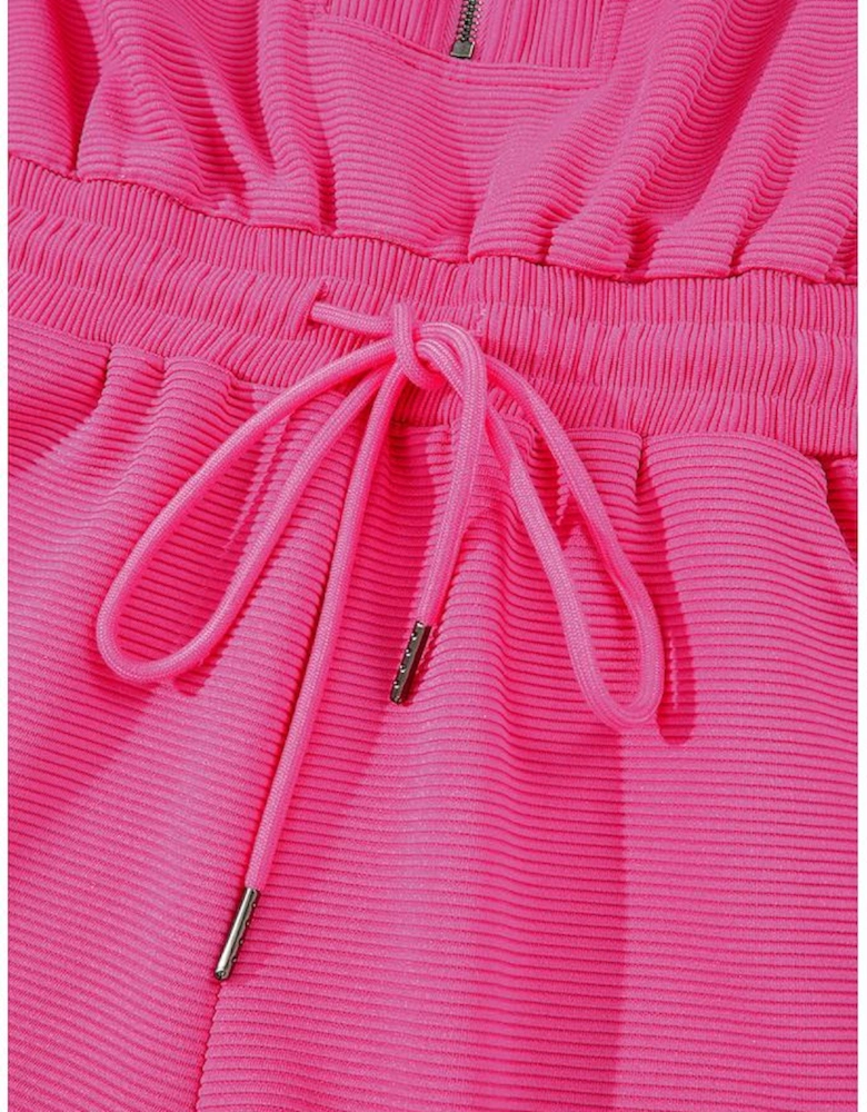 Rose Red Textured Short Sleeve Half Zip Drawstring Waist Romper