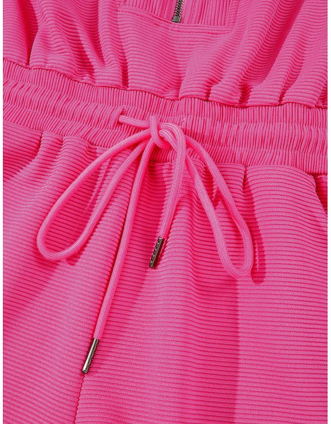 Rose Red Textured Short Sleeve Half Zip Drawstring Waist Romper