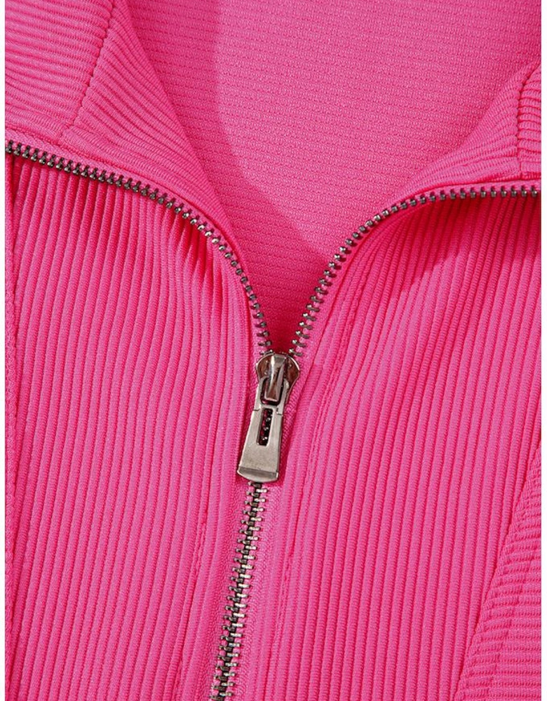 Rose Red Textured Short Sleeve Half Zip Drawstring Waist Romper