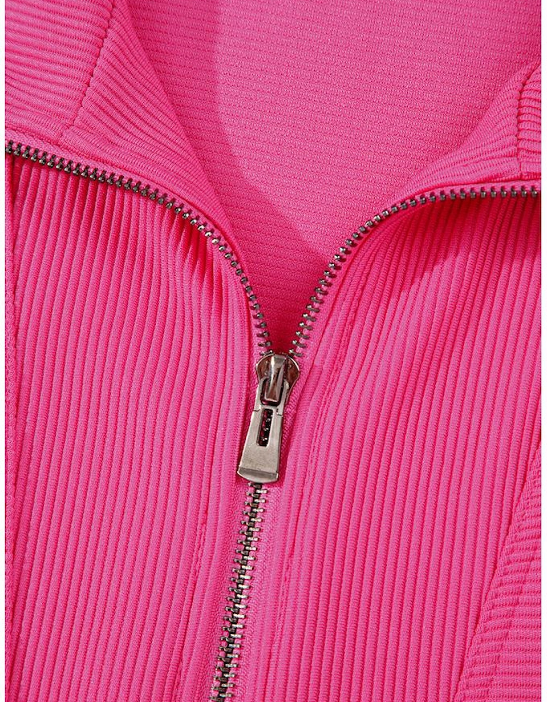 Rose Red Textured Short Sleeve Half Zip Drawstring Waist Romper