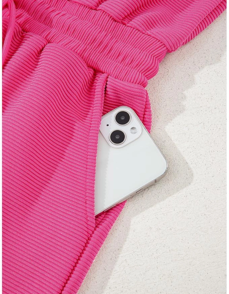 Rose Red Textured Short Sleeve Half Zip Drawstring Waist Romper