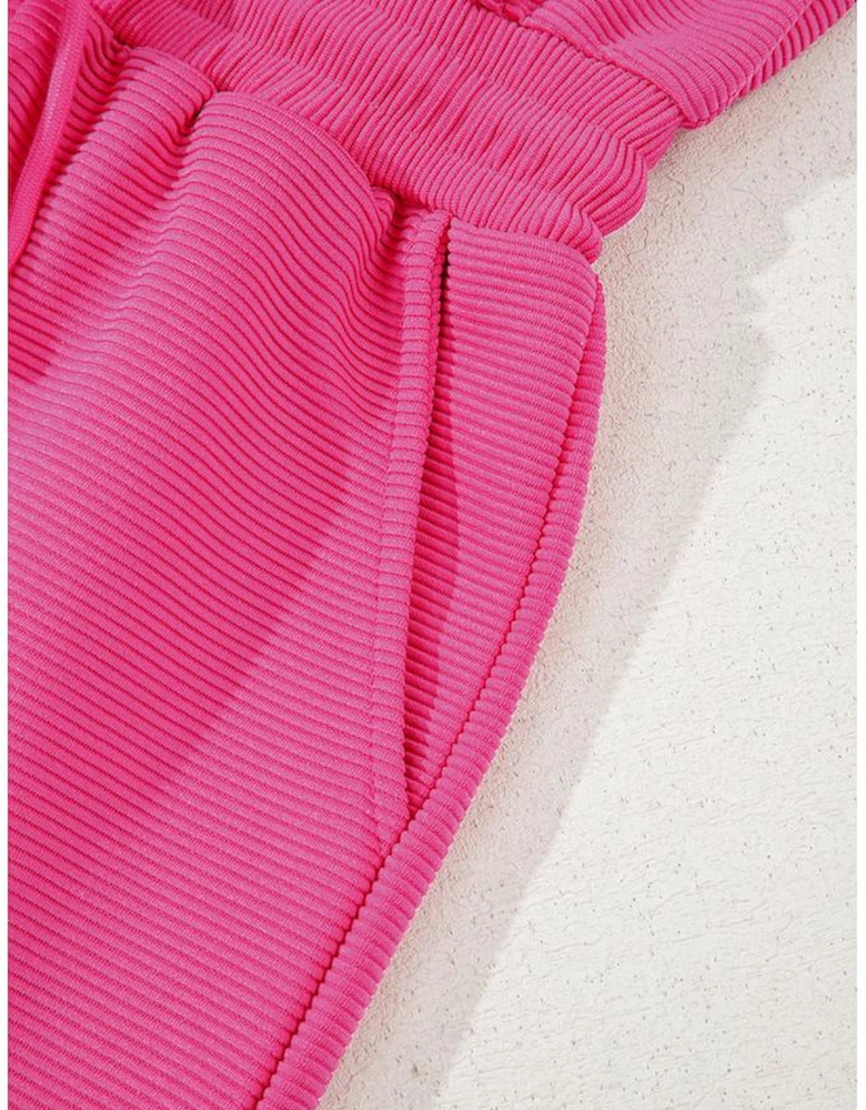 Rose Red Textured Short Sleeve Half Zip Drawstring Waist Romper