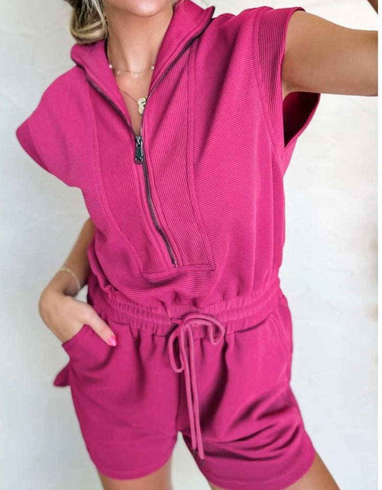 Rose Red Textured Short Sleeve Half Zip Drawstring Waist Romper