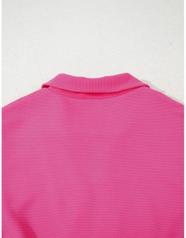 Rose Red Textured Short Sleeve Half Zip Drawstring Waist Romper