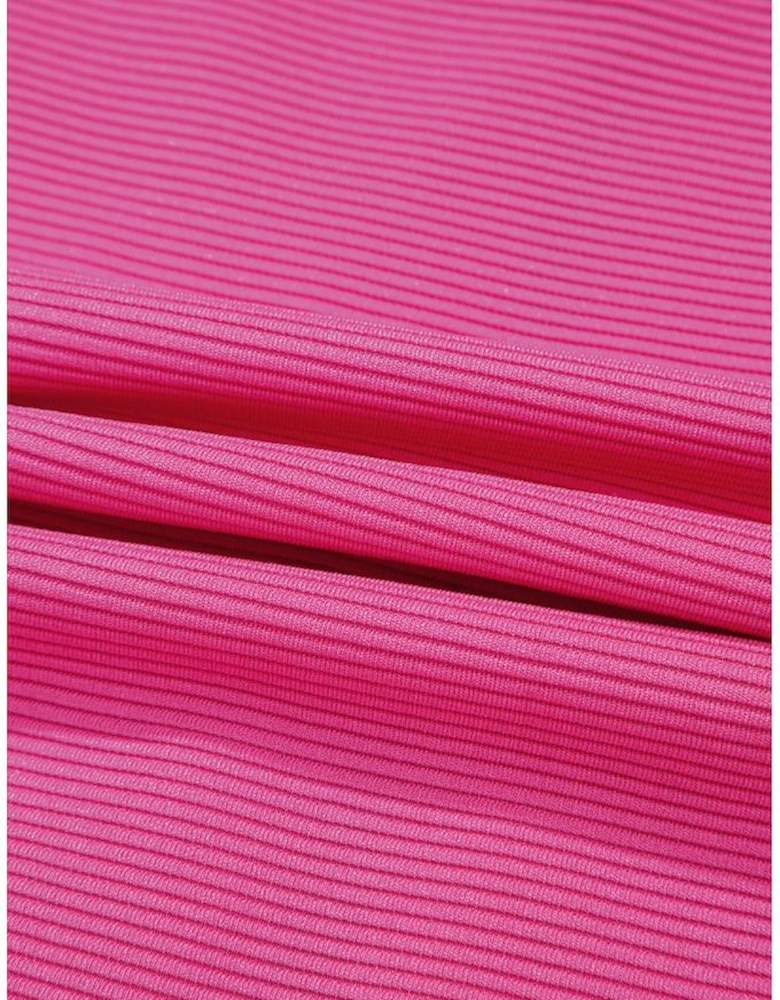 Rose Red Textured Short Sleeve Half Zip Drawstring Waist Romper