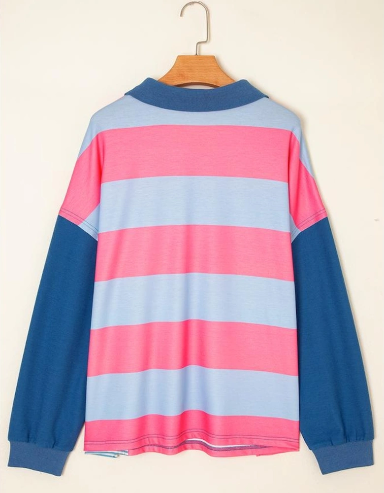 Blue Stripe Colorblock Patchwork Zip up Plus Size Pullover