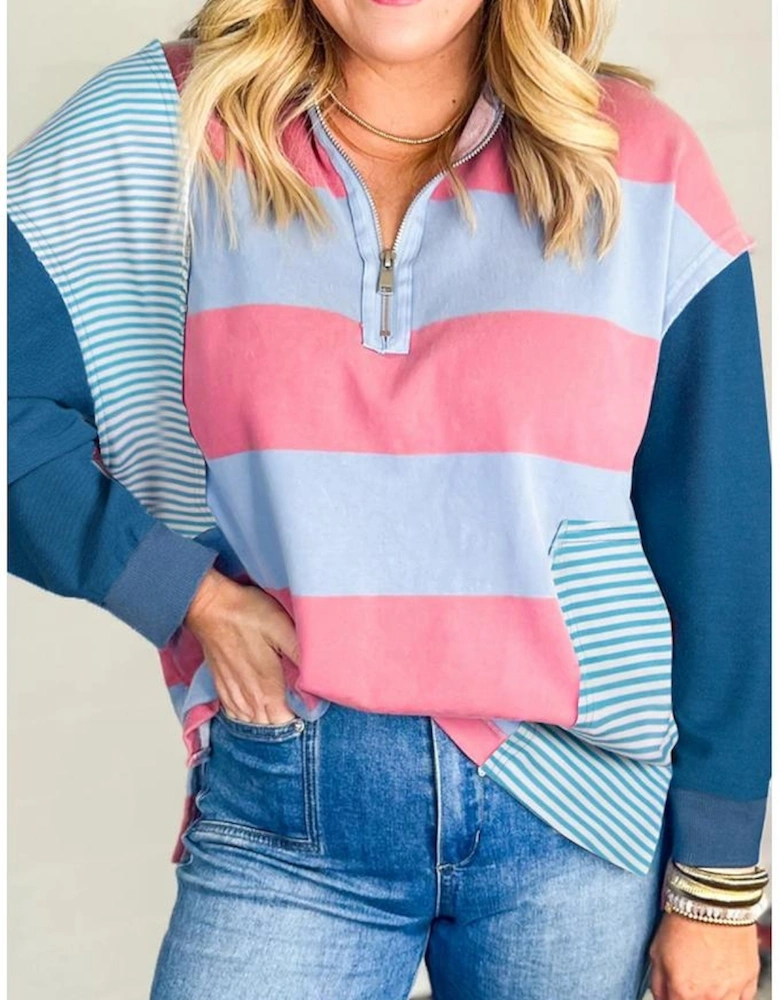 Blue Stripe Colorblock Patchwork Zip up Plus Size Pullover