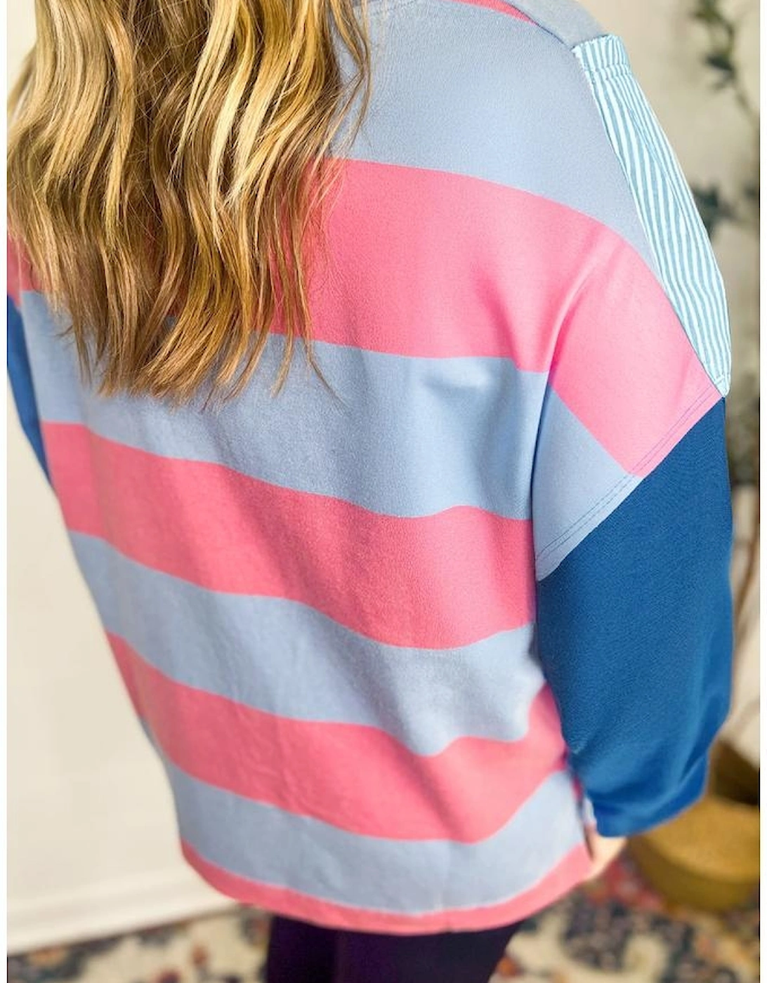 Blue Stripe Colorblock Patchwork Zip up Plus Size Pullover, 12 of 11