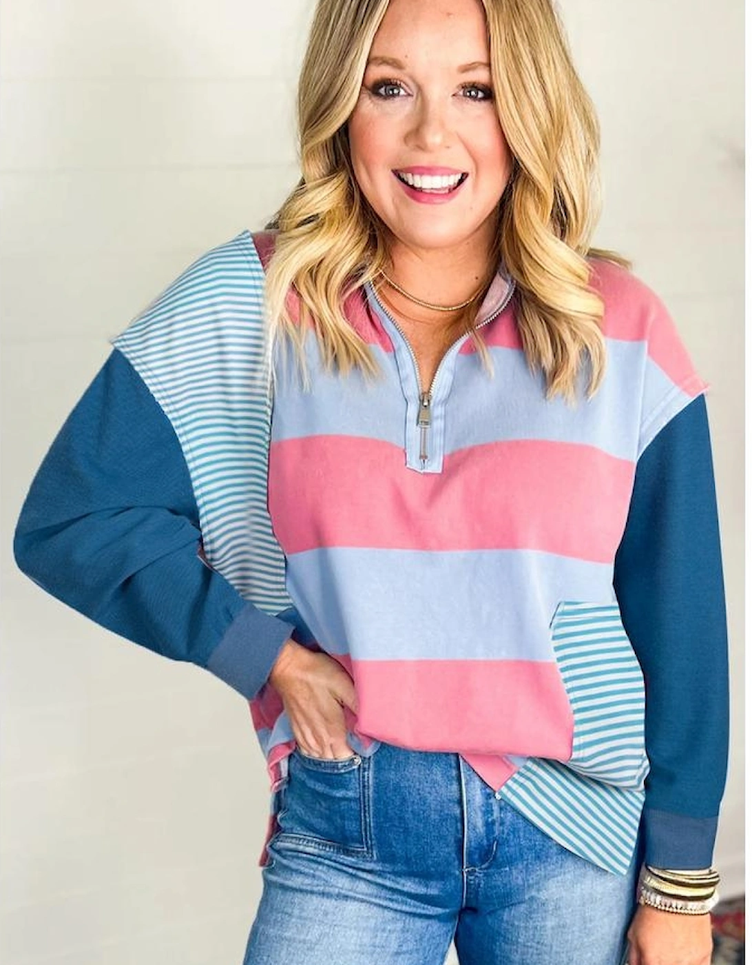 Blue Stripe Colorblock Patchwork Zip up Plus Size Pullover