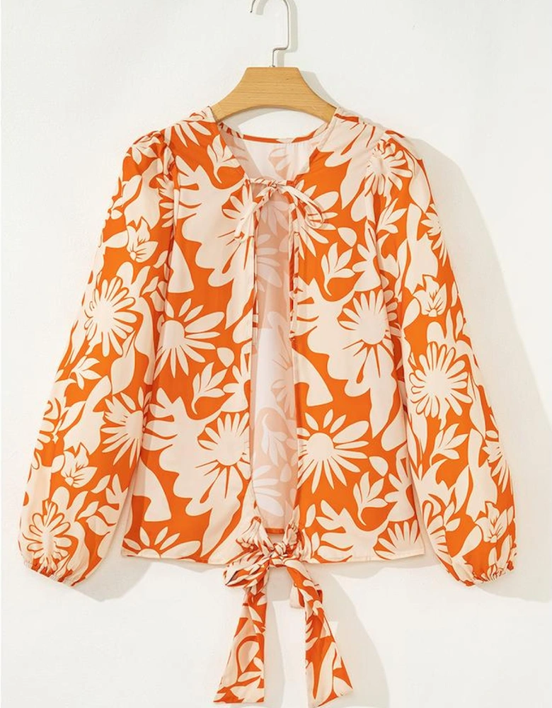 Orange Floral Print Knotted Open Back Long Sleeve Blouse