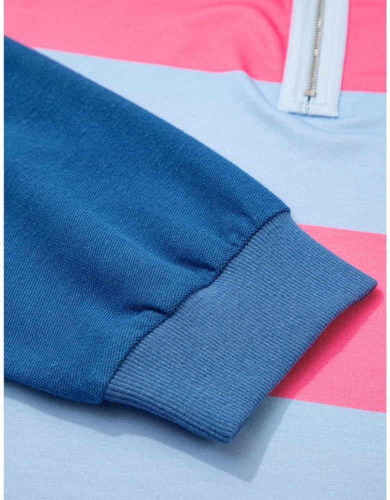 Blue Stripe Colorblock Patchwork Zip up Plus Size Pullover