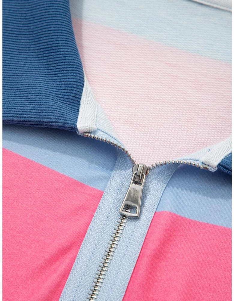 Blue Stripe Colorblock Patchwork Zip up Plus Size Pullover