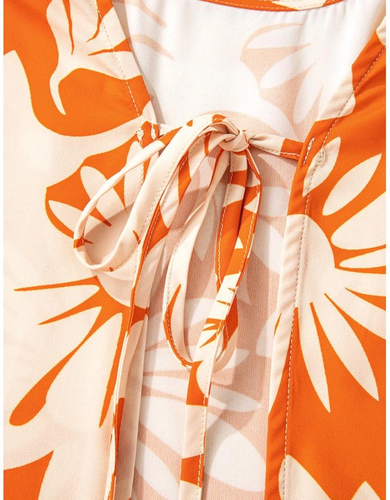 Orange Floral Print Knotted Open Back Long Sleeve Blouse