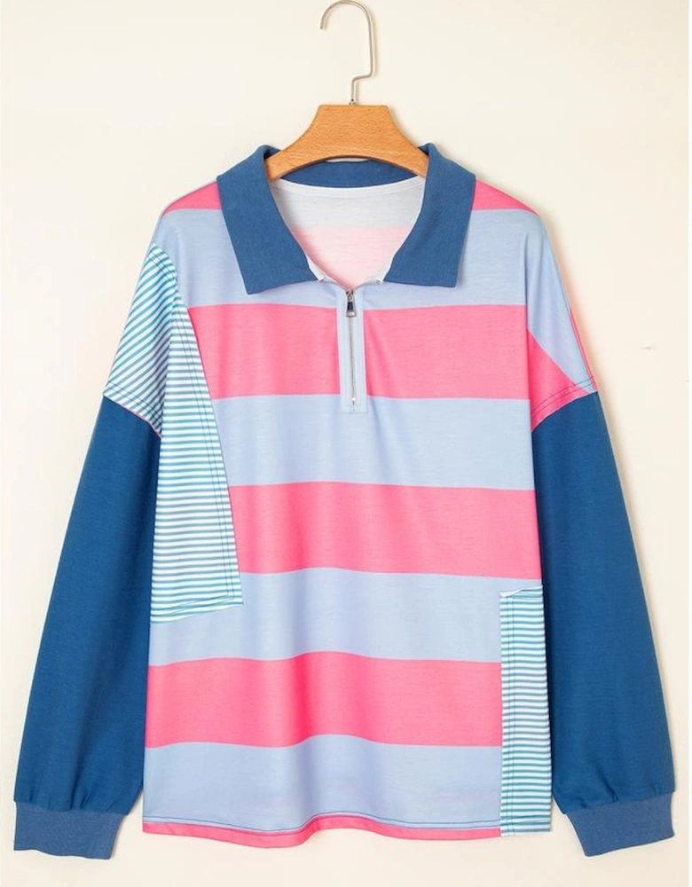 Blue Stripe Colorblock Patchwork Zip up Plus Size Pullover