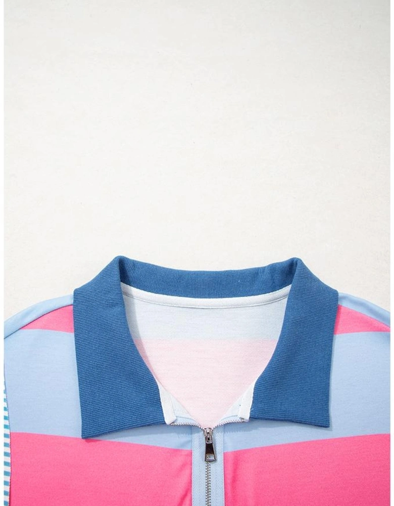 Blue Stripe Colorblock Patchwork Zip up Plus Size Pullover