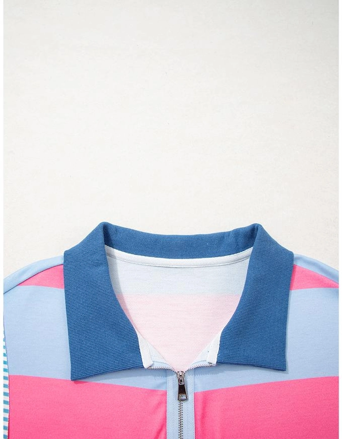 Blue Stripe Colorblock Patchwork Zip up Plus Size Pullover