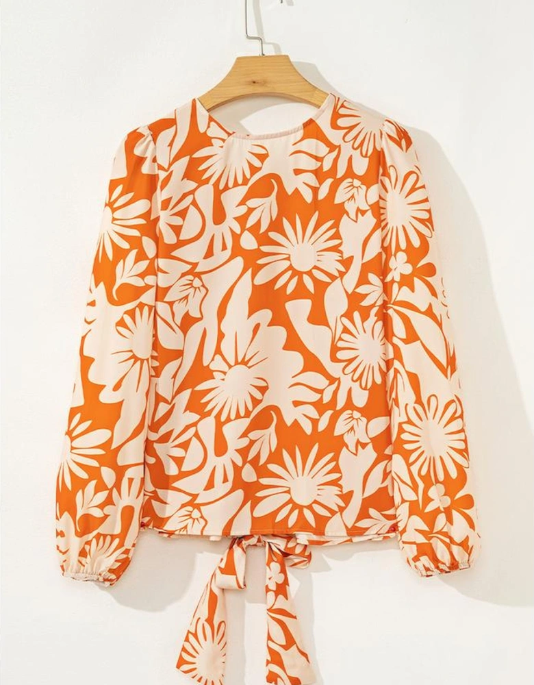 Orange Floral Print Knotted Open Back Long Sleeve Blouse