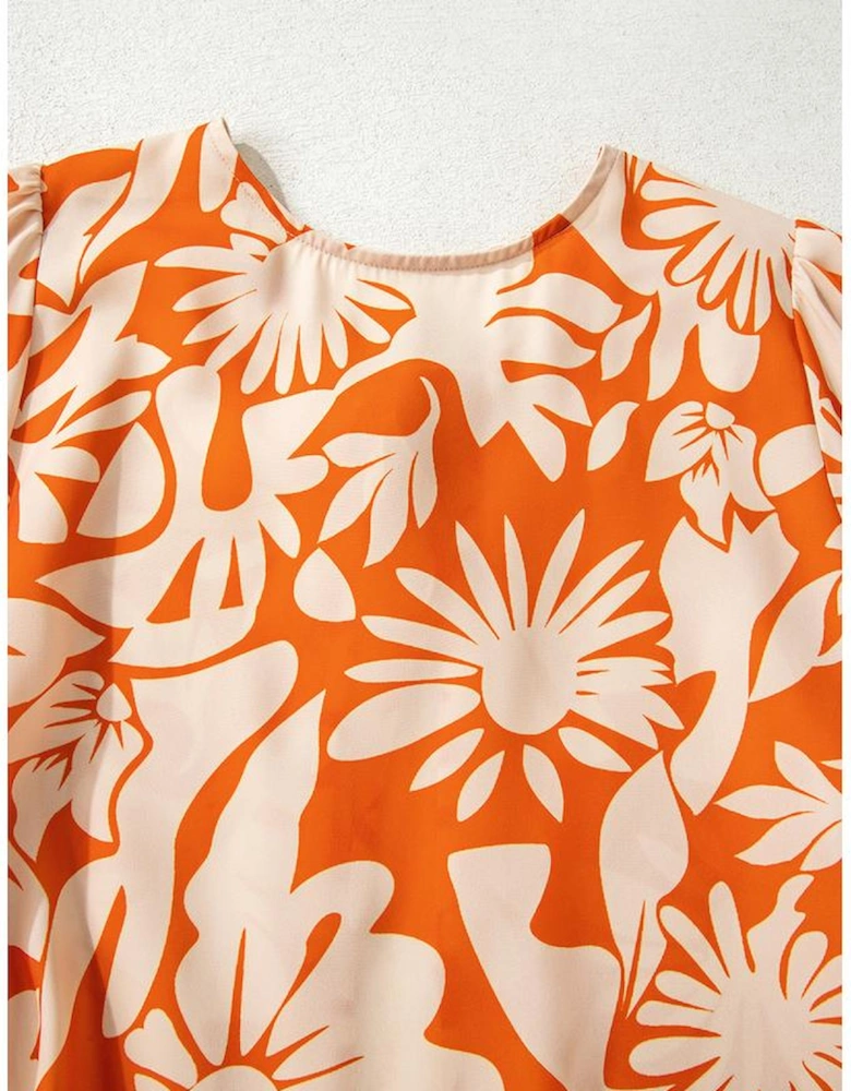 Orange Floral Print Knotted Open Back Long Sleeve Blouse