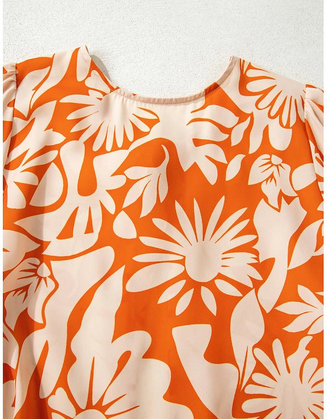 Orange Floral Print Knotted Open Back Long Sleeve Blouse