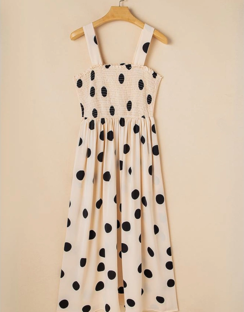 Oatmeal Polka Dot Smocked Fit Flared Sleeveless Long Dress