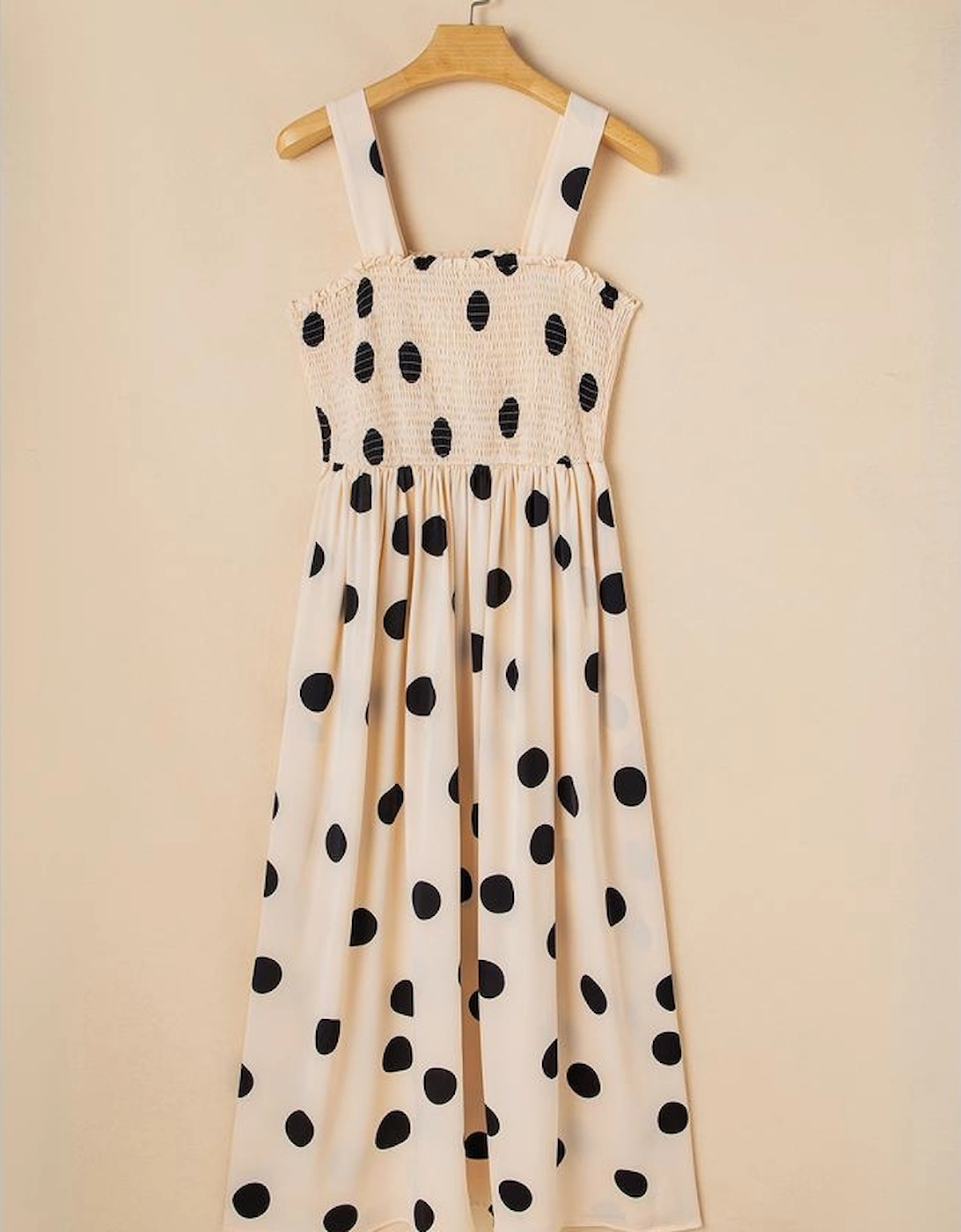 Oatmeal Polka Dot Smocked Fit Flared Sleeveless Long Dress