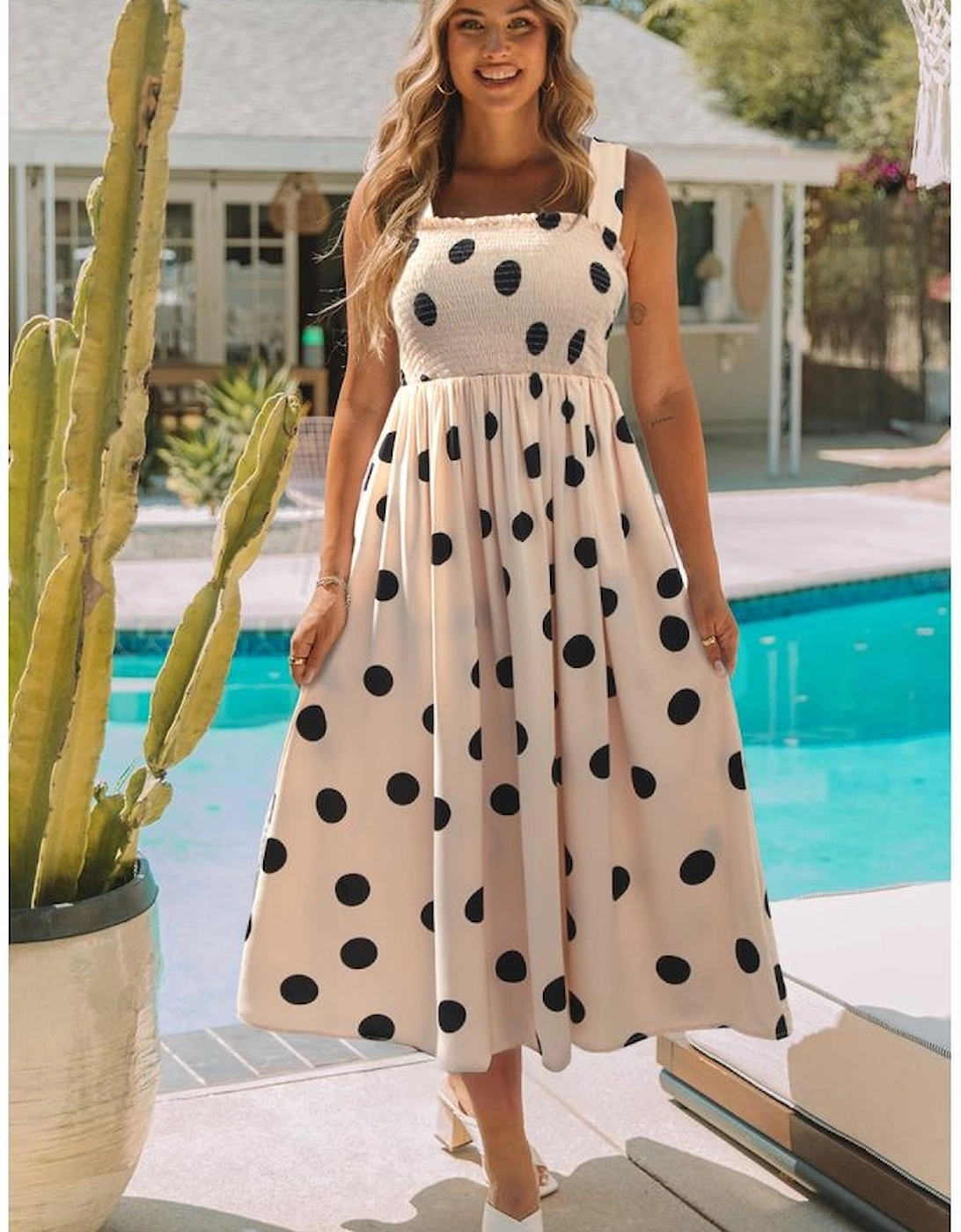 Oatmeal Polka Dot Smocked Fit Flared Sleeveless Long Dress, 10 of 9