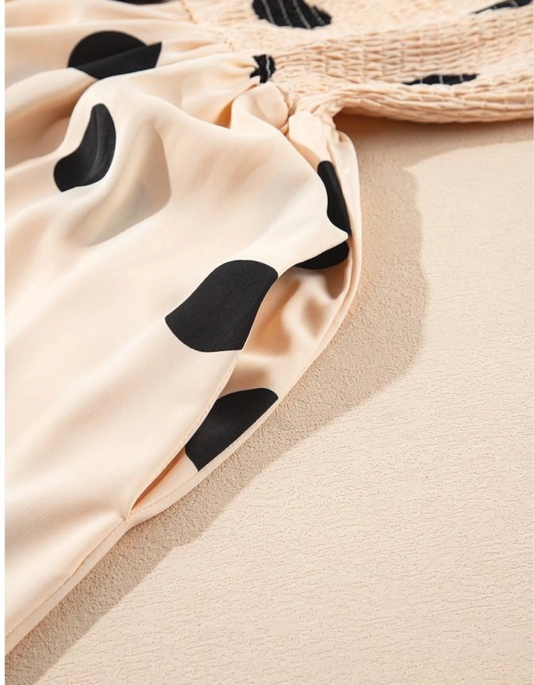 Oatmeal Polka Dot Smocked Fit Flared Sleeveless Long Dress