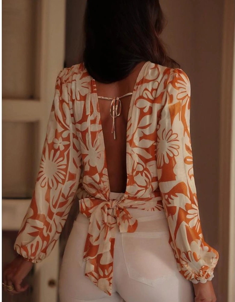 Orange Floral Print Knotted Open Back Long Sleeve Blouse