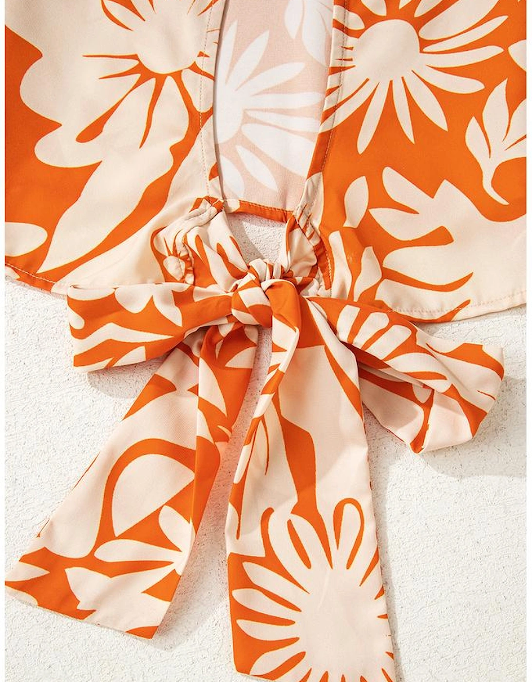 Orange Floral Print Knotted Open Back Long Sleeve Blouse