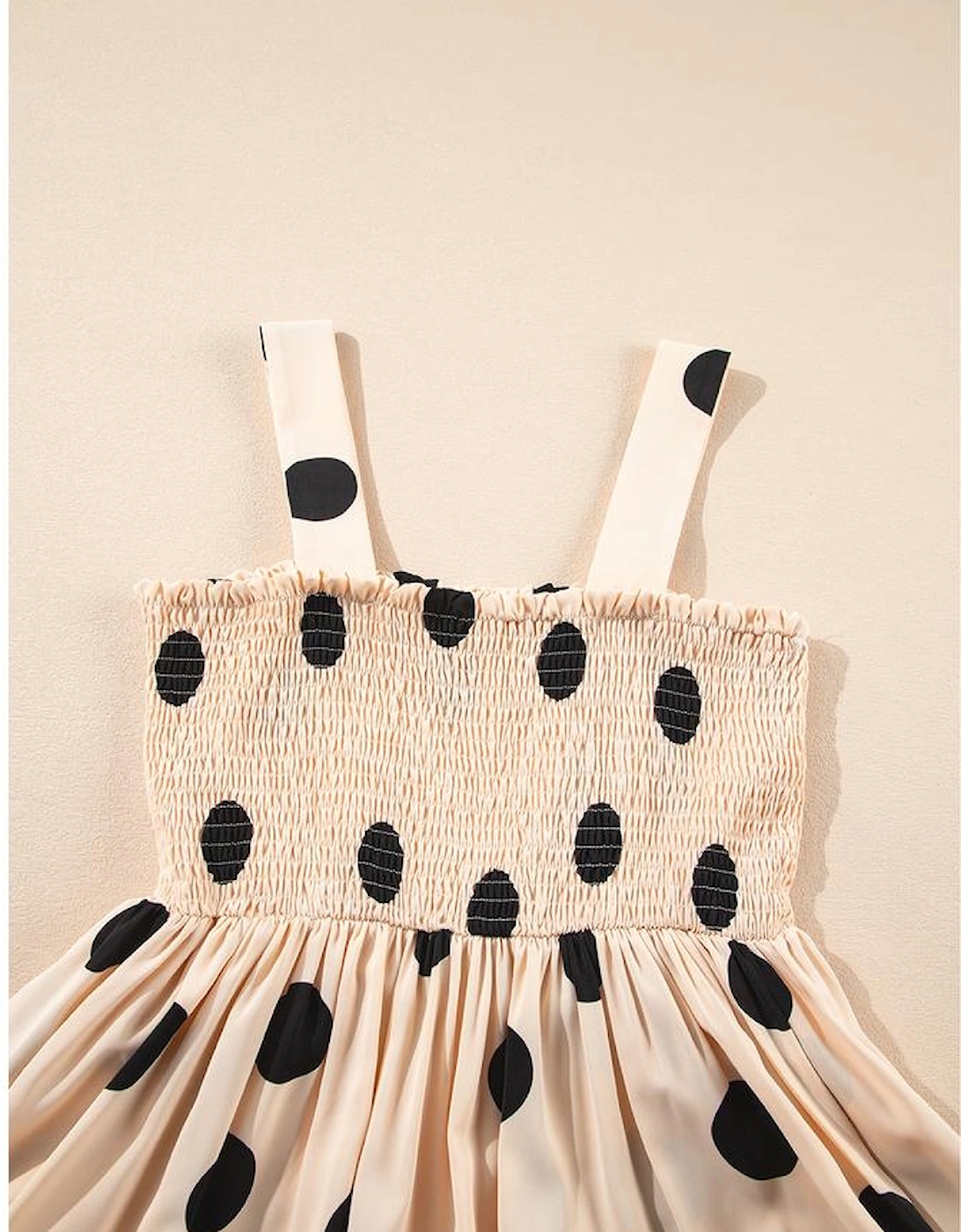 Oatmeal Polka Dot Smocked Fit Flared Sleeveless Long Dress