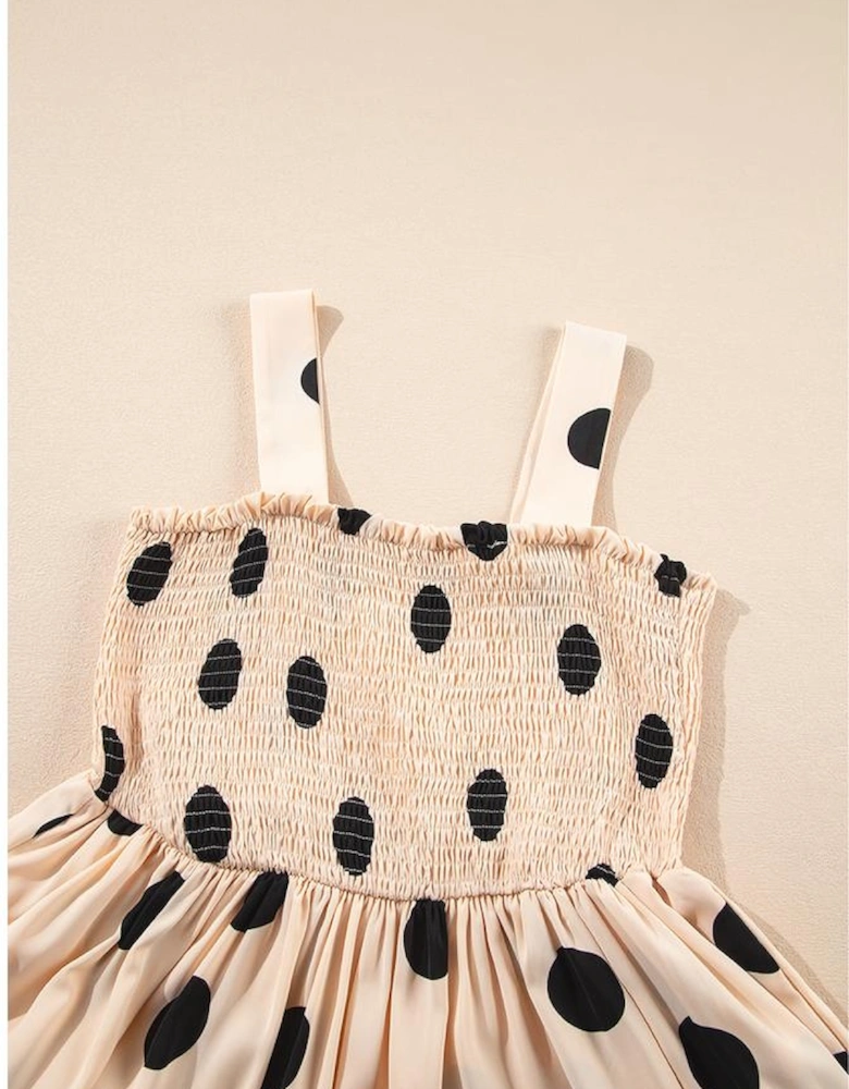 Oatmeal Polka Dot Smocked Fit Flared Sleeveless Long Dress