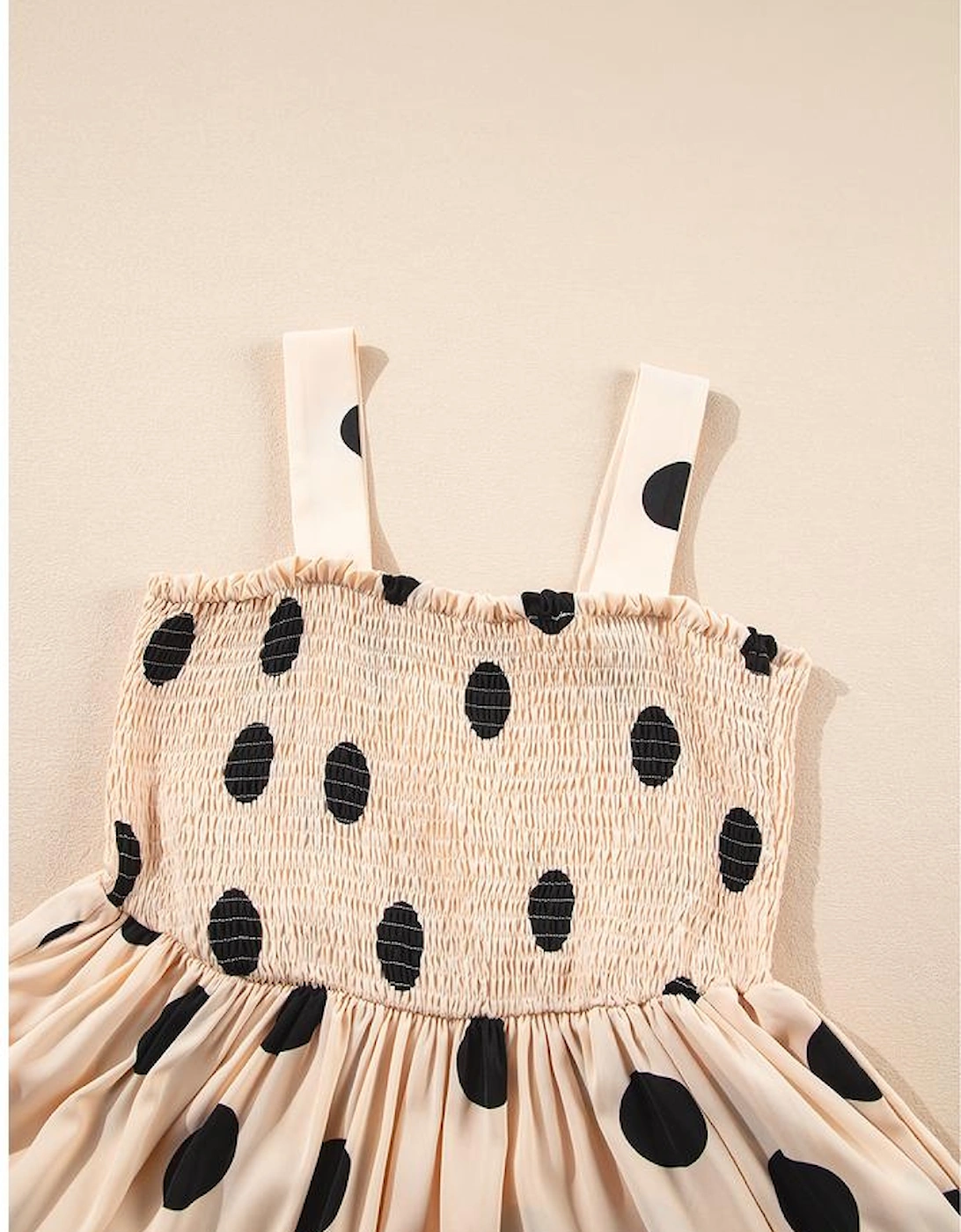Oatmeal Polka Dot Smocked Fit Flared Sleeveless Long Dress