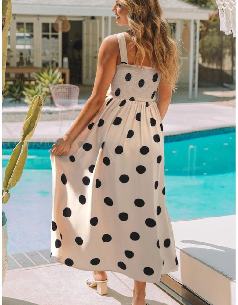 Oatmeal Polka Dot Smocked Fit Flared Sleeveless Long Dress