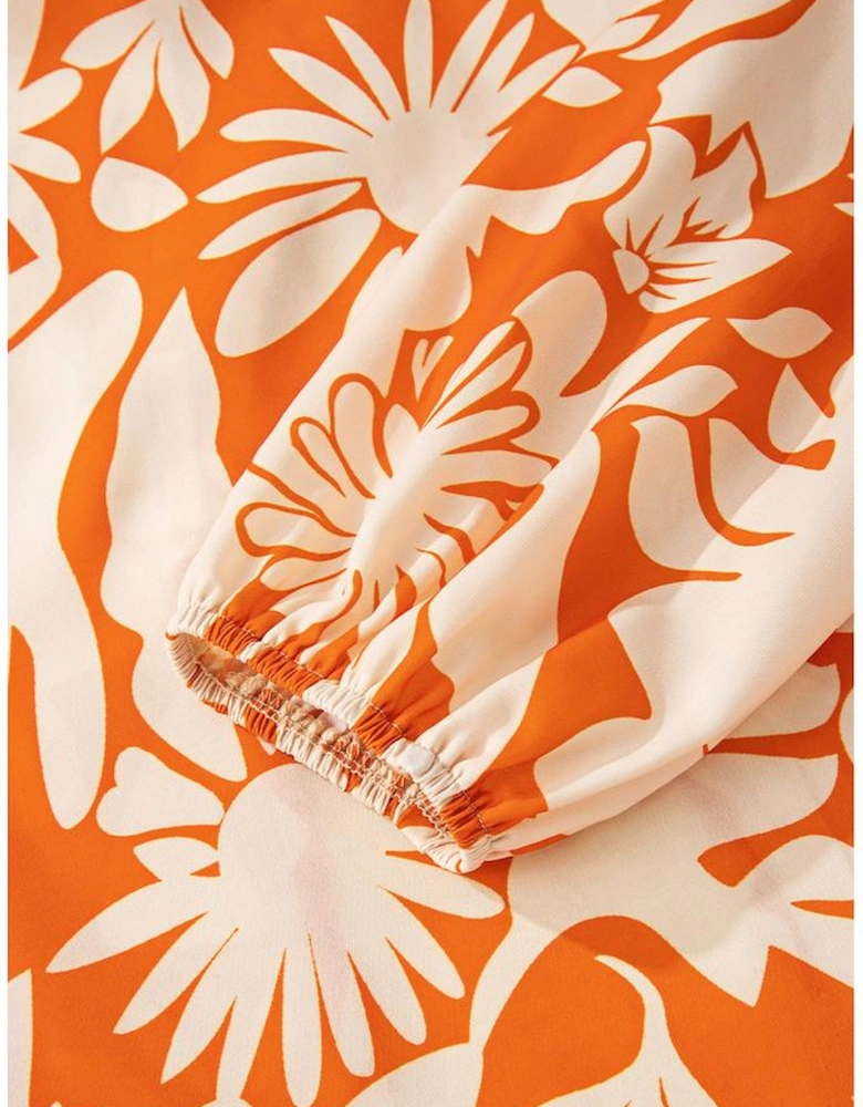 Orange Floral Print Knotted Open Back Long Sleeve Blouse