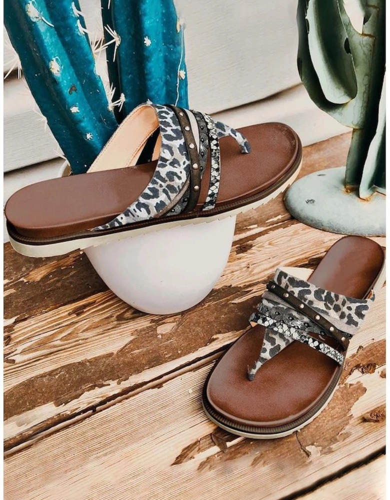 Leopard Studded Animal Print Flip Flop Sandals