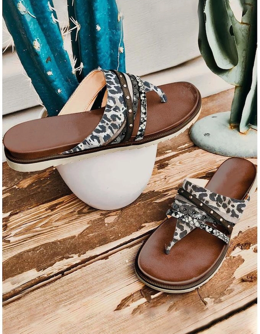 Leopard Studded Animal Print Flip Flop Sandals