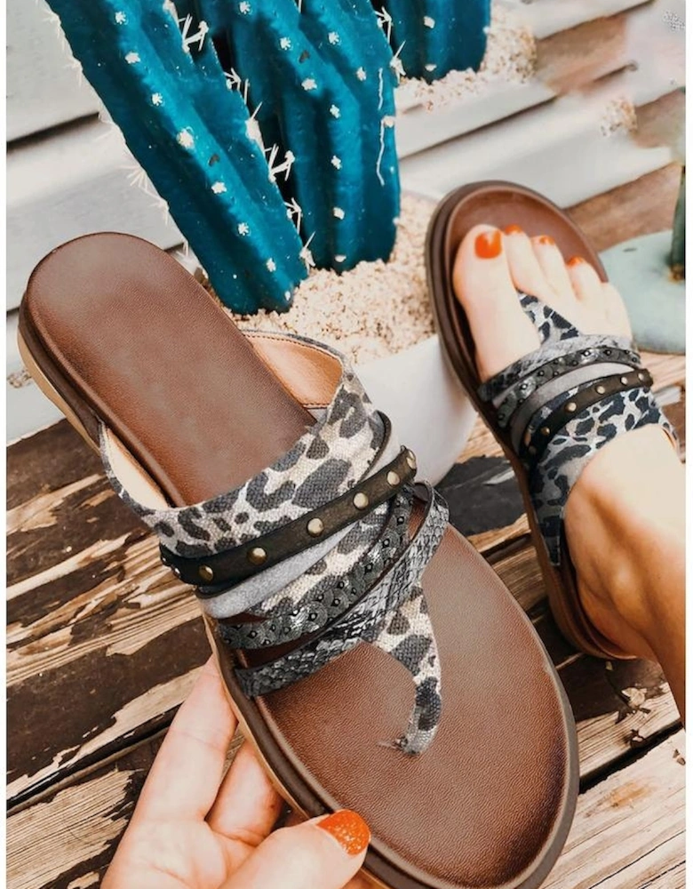 Leopard Studded Animal Print Flip Flop Sandals