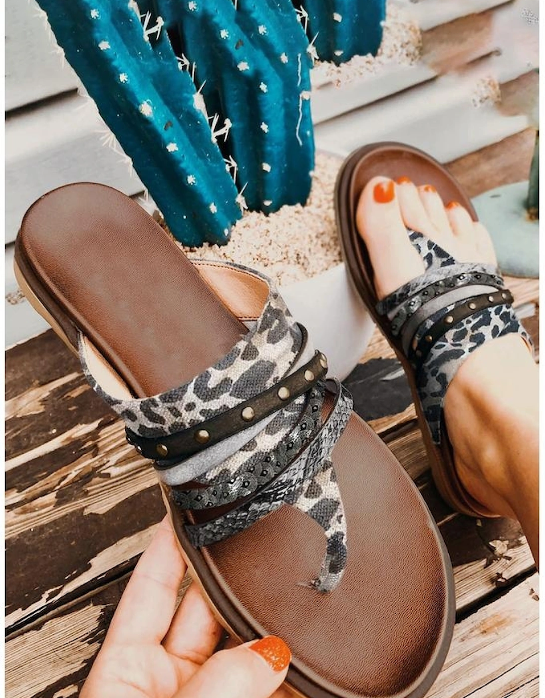 Leopard Studded Animal Print Flip Flop Sandals