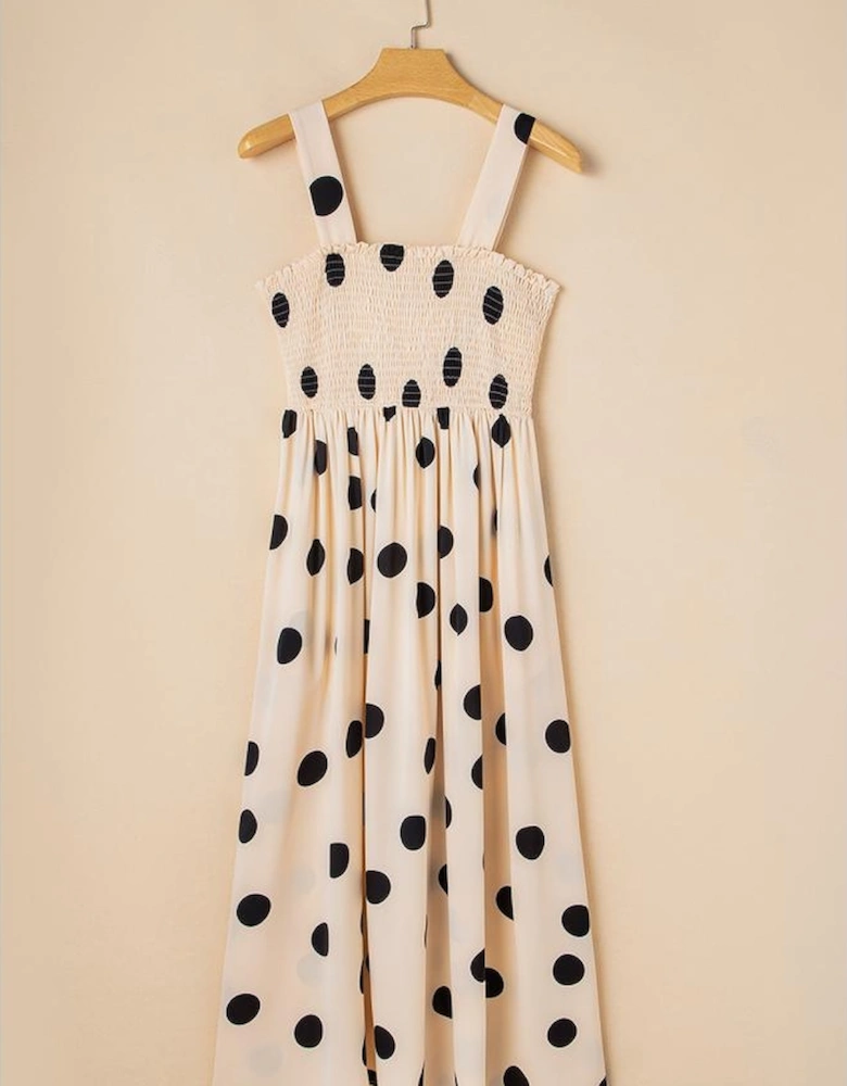 Oatmeal Polka Dot Smocked Fit Flared Sleeveless Long Dress